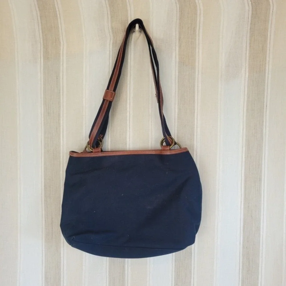 Etienne Aigner Canvas Shoulder Tote Bag Purse Navy Blue Brown‎